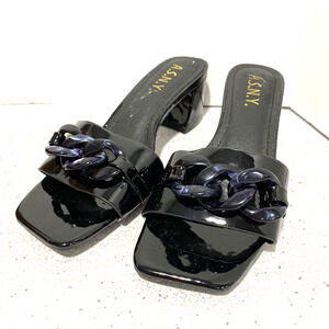 ASNY slide sandals high heel black patent shoes Lucite chain detail square toe 6